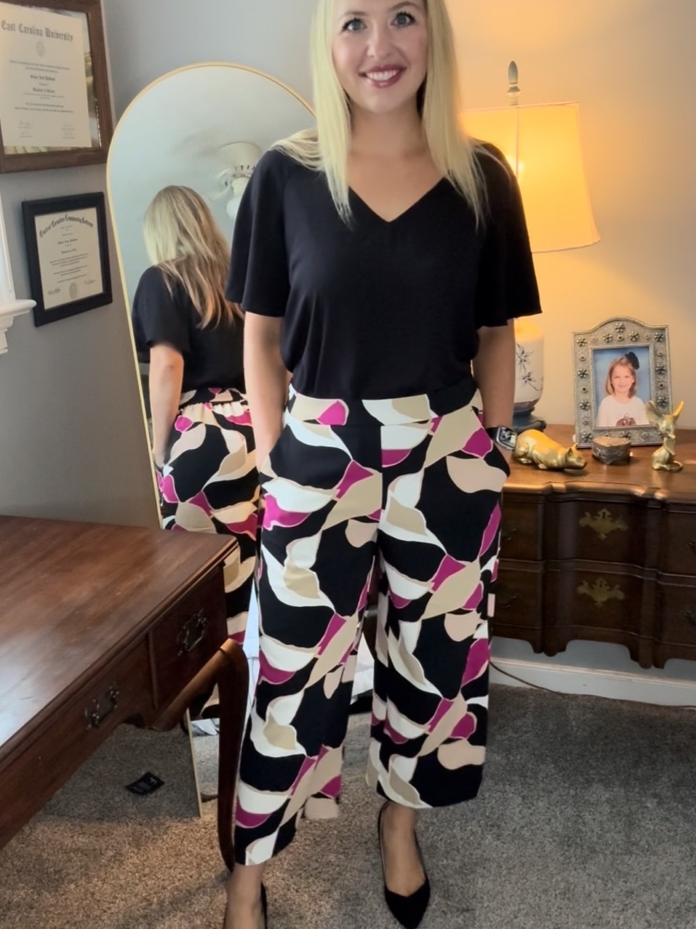 Nine West Black Wide-Leg Culotte Pants with Cream & Pink Abstract Print